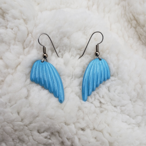 Metallic Blue Funky Wings Retro Dangle Earrings - Picture 3 of 4